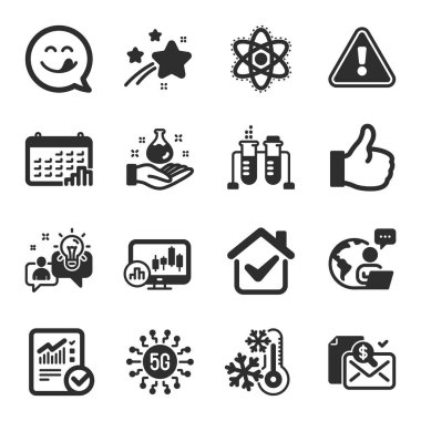 Dondurma, Kimya Atomu, Kimya Laboratuvarı sembolleri gibi bir dizi teknoloji ikonu. Takvim grafiği, işaretlenmiş hesaplama, işaretler gibi. 5G teknolojisi, muhasebe raporu, nefis bir gülümseme. Bir fikrim var. Vektör
