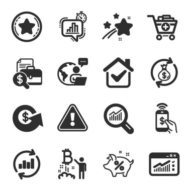 Muhasebe raporu, ürün ekleme, sadakat sembolleri gibi bir dizi finans simgesi. Telefon ödemesi, Bitcoin projesi, veri işaretlerini güncelle. İstatistik zamanlayıcısı, veri analizi, para değişimi. Vektör