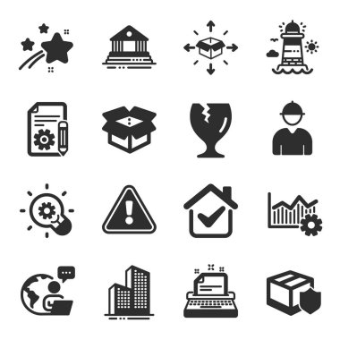 Innovation, Documentation, Fragile paket sembolleri gibi bir dizi endüstriyel simge. Daktilo, mühendis, deniz feneri işaretleri. Operasyonel mükemmellik, açık kasa, gökdelen binalar. Vektör