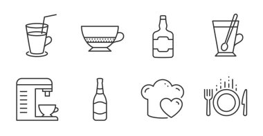 Bombon kahvesi, bira şişesi ve yemek pişirme ikonu seti. Viski şişesi, çay fincanı ve yiyecek tabelaları. Kahve makinesi, kokteyl sembolleri. Cafe Bombon, Bira Fabrikası, Şef şapkası. Yiyecek ve içecek seti. Vektör