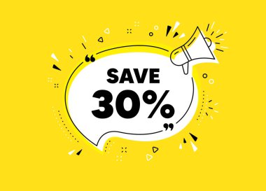 % 30 indirimli. Megafon sarı vektör pankartı. İndirimli fiyat tabelası. Özel teklif sembolü. Tırnak içinde düşünce balonu. İndirimli sohbet megafon mesajını düşün. Vektör