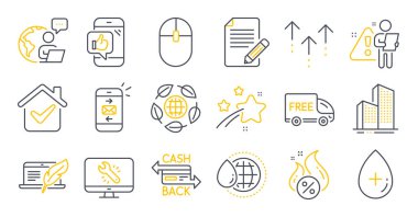 Makale, telif hakkı dizüstü bilgisayarı, posta sembolleri gibi iş simgeleri. Dünya suları, yağ serumu işaretleri gibi seyyar. Monitör tamiri, krediler, paspas. Gökdelen binaları, Bilgisayar faresi. Vektör