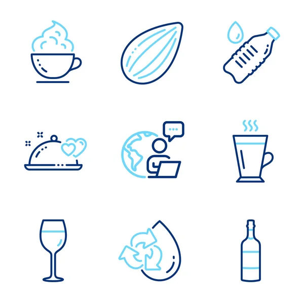 Food and drink icons set. Included icon as Wine glass, Romantic dinner, Water bottle signs. Brandy bottle, Almond nut, Recycle water symbols. Latte, Coffee cup line icons. Line icons set. Vector