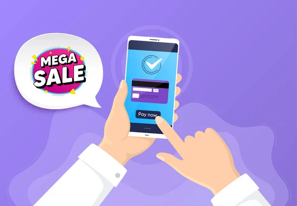 Mega Verkoop Zeepbel Betaal Met Een Creditcard Telefoon Korting Banner — Stockvector