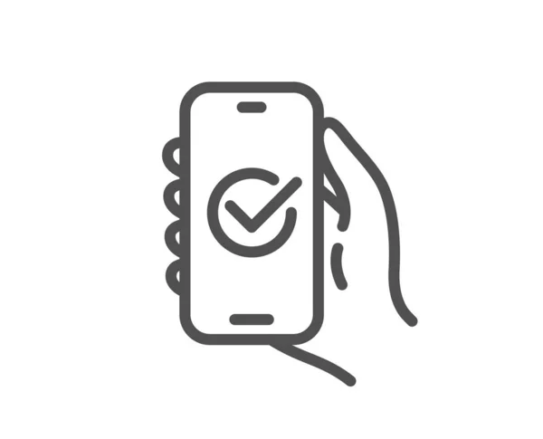 Genehmigtes App Line Icon Handzeichen Halten Handy Mit Bildschirm Benachrichtigungssymbol — Stockvektor