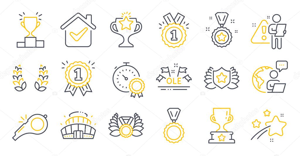 Set of Sports icons, such as Reward, Laureate medal, Arena stadium symbols. Laurel wreath, Winner cup, Ole chant signs. Approved, Victory, Whistle. Laureate, Winner podium, Medal. Vector