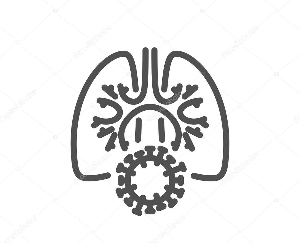 Lungs with coronavirus line icon. Pneumonia disease sign. Respiratory distress symbol. Quality design element. Linear style coronavirus lungs icon. Editable stroke. Vector