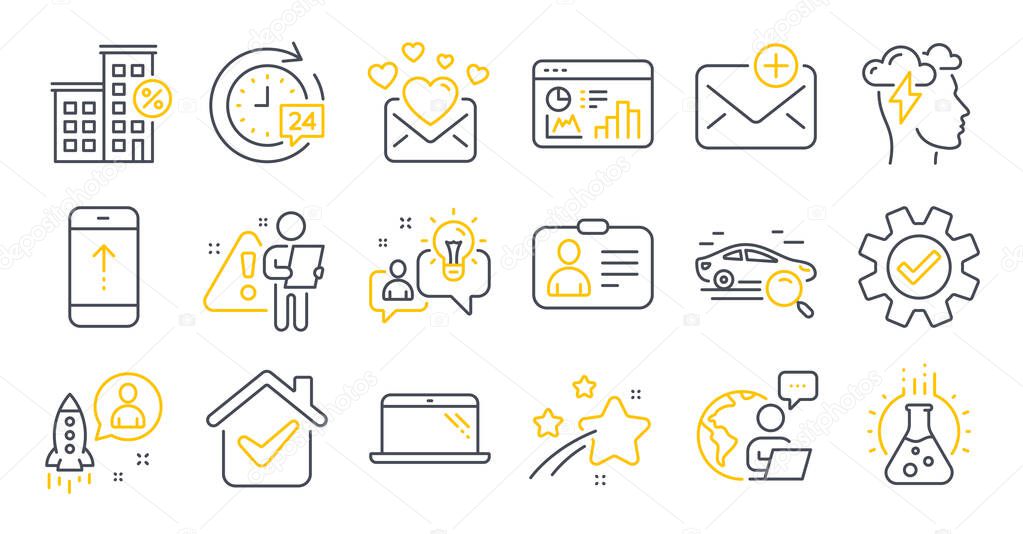 Set of Technology icons, such as Service, Id card, Chemistry lab symbols. Laptop, New mail, Love mail signs. Search car, Loan house, Seo statistics. 24h delivery, Mindfulness stress, Idea. Vector