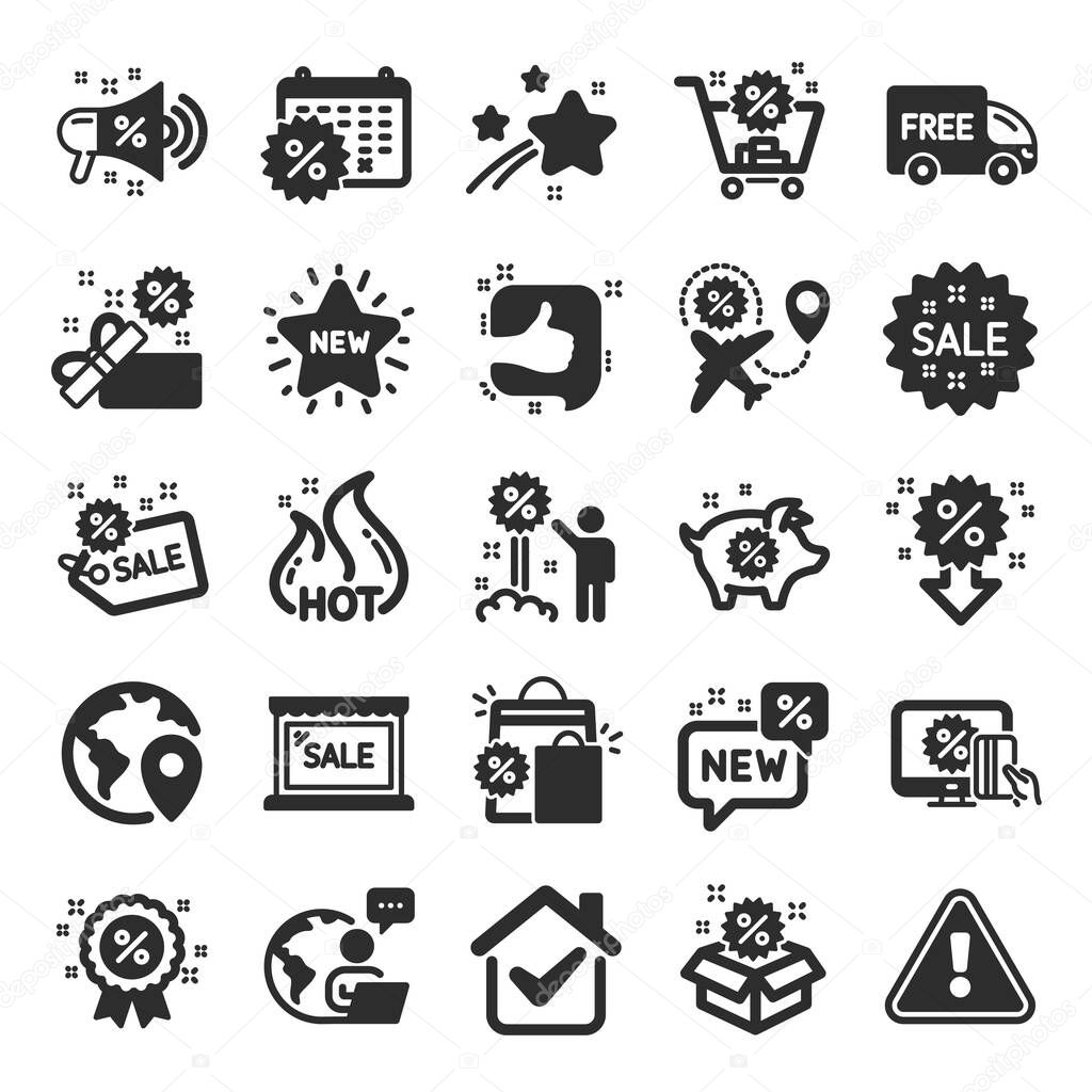 Discount icons. Set of Shopping, Sale and New icons. Free delivery, Flight sale and Black friday discount. Hot offer, Airplane and new store. Online shopping. Black friday clearance. Vector