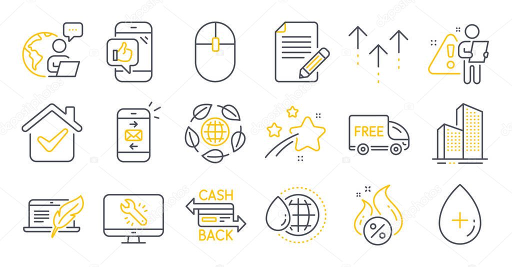 Set of Business icons, such as Article, Copyright laptop, Mail symbols. Mobile like, World water, Oil serum signs. Monitor repair, Hot loan, Swipe up. Skyscraper buildings, Computer mouse. Vector