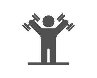 Dambıl ikonu olan adam. Spor malzemeleri tabelası. Spor salonu sembolü. Kalite tasarım elemanı. Düz stil dambıl egzersiz ikonu. Düzenlenebilir felç. Vektör