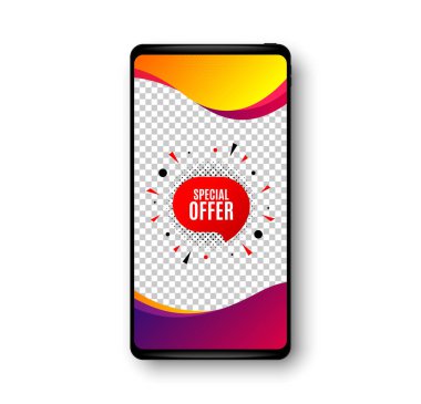 Özel teklif etiketi. Telefon modelleme vektör pankartı. İndirimli afiş şekli. İndirim kuponu ikonu. Sosyal hikaye posta şablonu. Özel teklif rozeti. Cep telefonu çerçevesi. Sıvı modern arka plan. Vektör