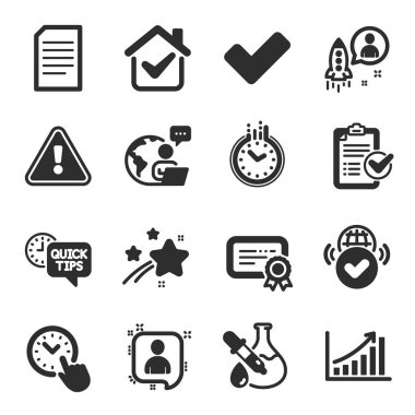 Kimya deneyi, doğrulanmış internet, araştırma listesi sembolleri gibi bir dizi eğitim ikonu. Grafik çizelgesi, zaman, belge işaretleri. Zaman Yönetimi, Başlangıç. Geliştirici sohbeti. Vektör