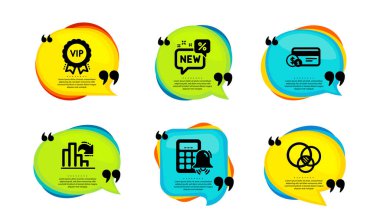 Hesap makinesi alarmı, Vip ödülü ve ödeme yöntemi simgeleri basit. Tırnak içinde konuşma balonu. Yeni, azalan grafik ve Euler diyagramı işaretleri. Vektör