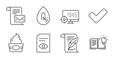 Belgeyi görüntüle, Tüy ve Alkol çizgisi simgesi yok. Seo, Tick ve Ürün bilgi işaretleri. Mektup, dondurma sembolleri. Dosya aç, telif hakkı sayfası, maden yağı. İş seti. Vektör