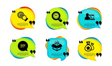 Kutuyu aç, Dokunmatik Ekran jesti ve Metin mesaj simgeleri basit ayarlar. Tırnak içinde konuşma balonu. Zaman yönetimi, çevrimiçi eğitim ve sadakat işaretleri. Vektör