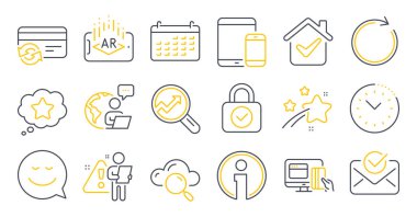 Takvim, mobil cihazlar, artırılmış gerçeklik sembolleri gibi bir dizi teknoloji simgesi. Onaylanmış posta, online ödeme, gülümseme işaretleri. Sadık yıldız, Analitik, Bulut bilgisayarı. Kartı değiştir. Vektör