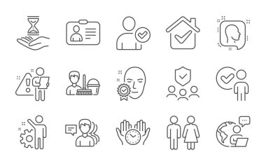 Kimlik doğrulandı, Baş ve Personel Hattı simgeleri ayarlandı. Onaylama görevlisi, güvenli zaman ve temizlik servisi tabelaları. İnsanlar, tuvalet ve kimlik kartı sembolleri. Satır simgeleri ayarlandı. Vektör