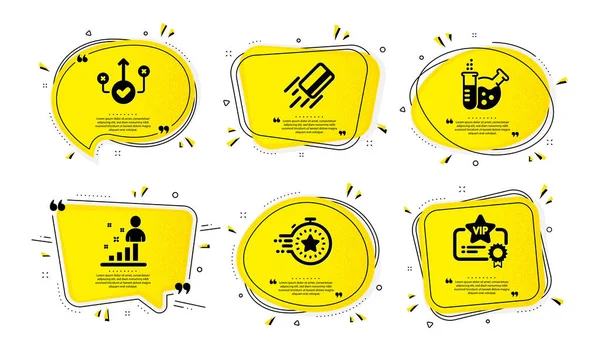 Stats Timer和信用卡图标的简单设置 黄色的语音气泡 有斑点效果 正确的方法 化学实验室和Vip证书标志 — 图库矢量图片