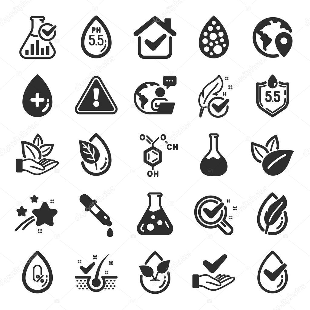 No artificial colors, Anti-dandruff flakes free icons. Dermatologically tested, Alcohol free and Paraben chemical formula icons. Hypoallergenic tested, Neutral ph and Organic. Flat icon set. Vector