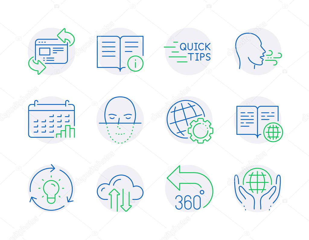 Science icons set. Included icon as Refresh website, Breathing exercise, Education signs. Globe, Technical info, Calendar graph symbols. 360 degrees, Idea, Cloud sync. Face recognition. Vector
