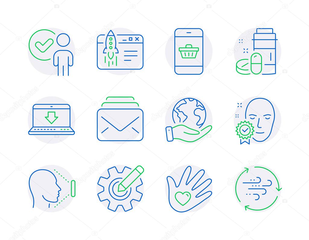 Business icons set. Included icon as Mail, Social responsibility, Smartphone buying signs. Save planet, Face id, Cogwheel symbols. Medical drugs, Internet downloading, Face verified. Vector