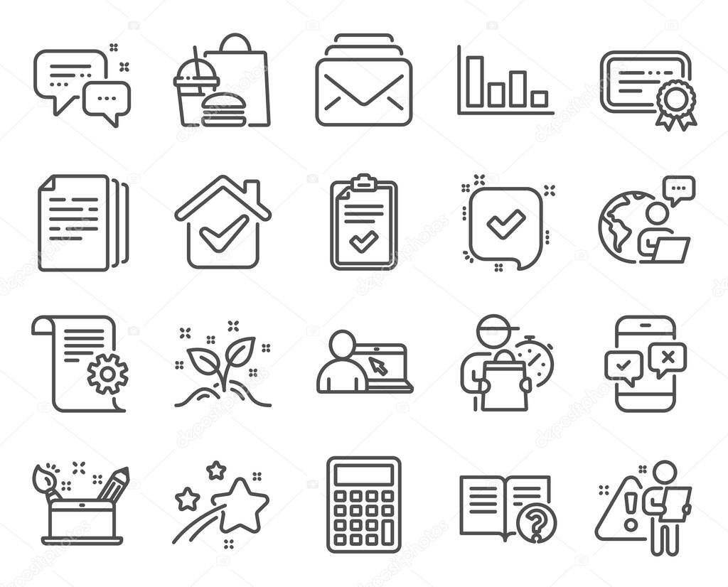 Education icons set. Included icon as Certificate, Copy documents, Phone survey signs. Creativity concept, Confirmed, Help symbols. Startup concept, Calculator, Histogram. Online education. Vector