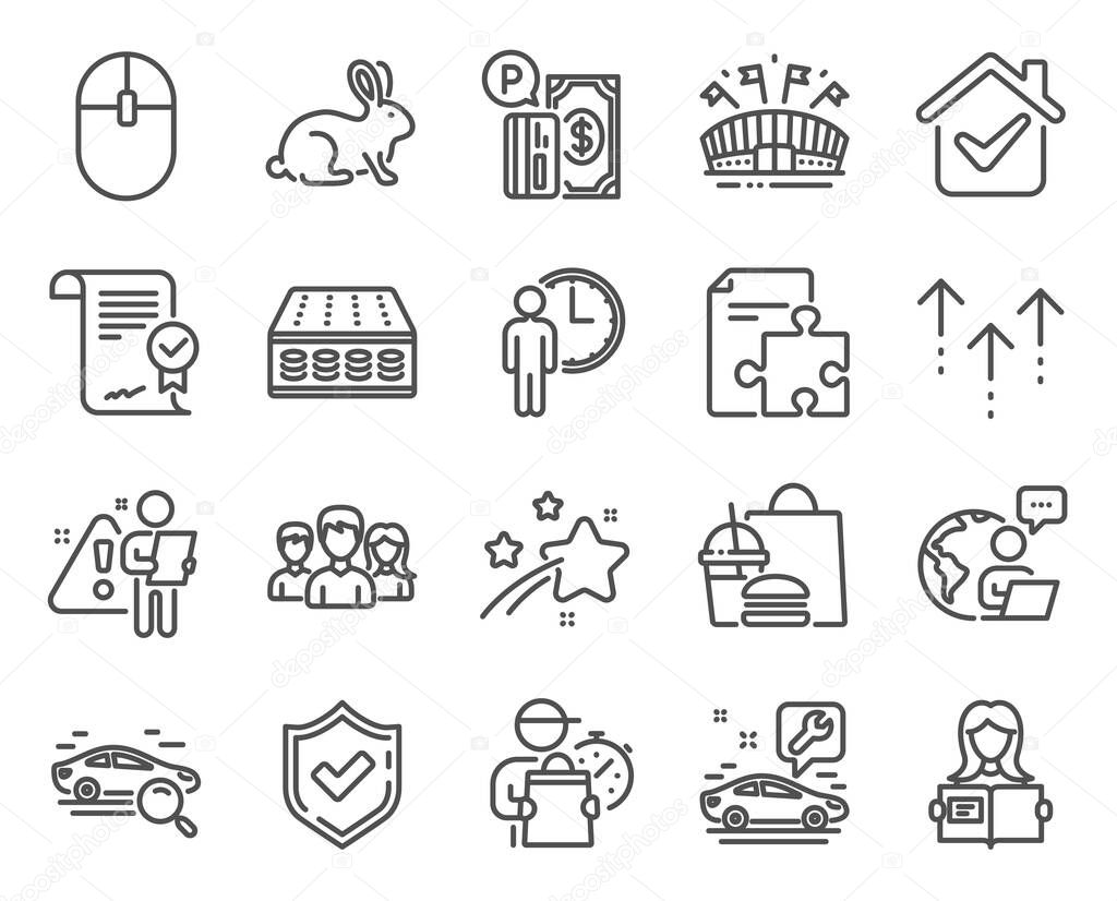Business icons set. Included icon as Sports arena, Search car, Teamwork signs. Approved agreement, Mattress, Woman read symbols. Animal tested, Strategy, Confirmed. Parking payment. Vector