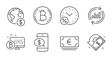 Verileri güncelle, telefon ödemesi ve yüzde birlik çizgi simgeleri ayarlandı. Bitcoin sistemi, küresel işletme ve Bitcoin işaretleri. Avro para birimi, Nakit Semboller. Satış çizelgesi, cep telefonu ödemesi, indirim. Finans hazır. Vektör