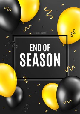 Sezon Satışı Sonu. Balon geçmişini kutlayın. Özel fiyat tabelası. Reklam indirimi sembolü. Doğum günü balonu geçmişi. Siyah bayrağı kutlayın. Parti çerçevesi mesajı. Vektör