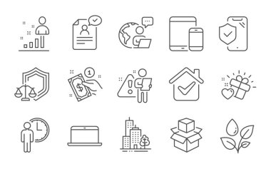 Ödeme yöntemi, Özgeçmiş belgesi ve Adalet Ölçeği çizgi simgeleri ayarlandı. Mobil cihazlar, gökdelen binaları ve istatistik tabelaları. Aşk hediyesi, kutular ve bekleme sembolleri. Satır simgeleri ayarlandı. Vektör