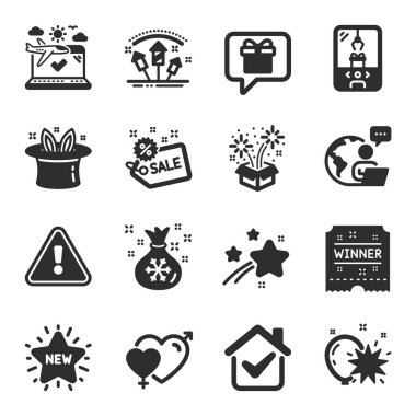 Havai fişek, havai fişek, Noel Baba çuvalı sembolleri gibi bir dizi tatil ikonu. Kazanan bilet, yeni yıldız, dilek listesi tabelaları. Turna pençesi makinesi, şapka numarası, balon dartı. Erkek kadın, indirimli. Vektör