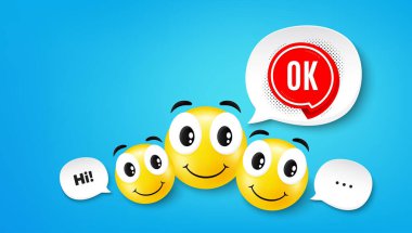 Tamam afiş. Konuşma baloncuğuyla gülümse. Onaylanmış sohbet balonu etiketi. Gülen yüz karakteri. Tamam, çıkartma konuşma balonu ikonu. Sohbet arka planı. Vektör