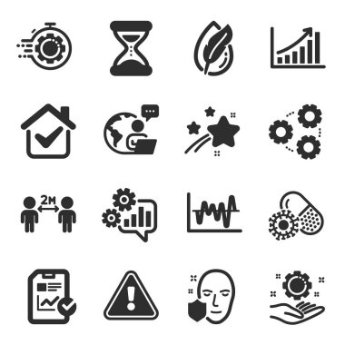 Sosyal uzaklık, çark, zaman sembolleri gibi bir takım bilim simgeleri. Rapor listesi, Coronavirus hapları, yüz koruma işaretleri. Borsa analizi, işçi eli, grafik çizelgesi. Dişliler. Vektör