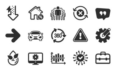Grup, diyagram şeması ve 360 derecelik basit simgeler. Yenilemeyi reddet, kredi evi ve çark tabelaları. Güvenlik ağı, organik ürün ve baloncuk sembolleri. Düz simgeler ayarlandı. Vektör