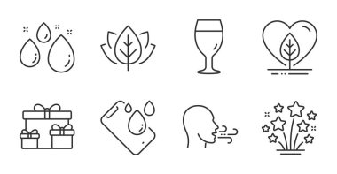 Organik testler, havai fişek yıldızları ve su damlası simgeleri ayarlandı. Bira bardağı, yerel yetiştirme ve nefes egzersizi işaretleri. Sürpriz kutular, Smartphone su geçirmez semboller. Kaliteli çizgi simgeleri. Vektör