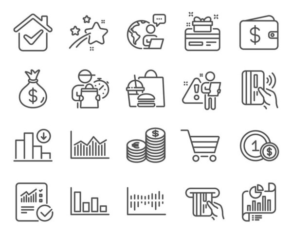 Finance icons set. Included icon as Report document, Usd coins, Loyalty card signs. Decreasing graph, Currency, Money bag symbols. Column diagram, Dollar wallet, Contactless payment. Vector