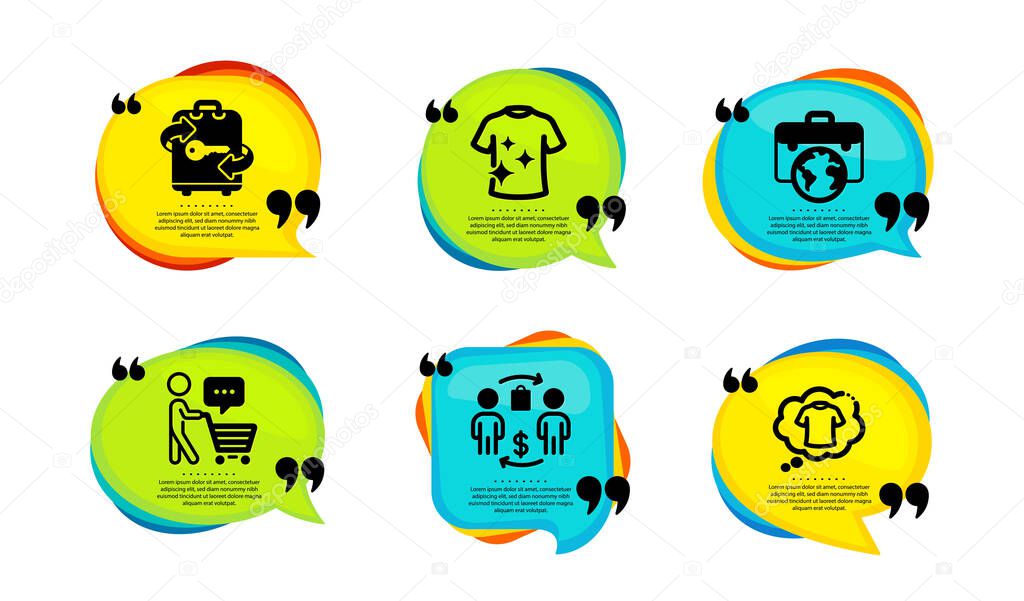 Clean t-shirt, Buying process and Luggage icons simple set. Speech bubble with quotes. Buyer think, Businessman case and T-shirt signs. Laundry shirt, Supermarket bag, Baggage locker. Vector