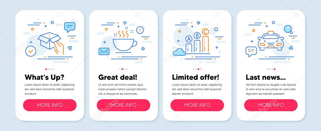 Set of Business icons, such as Coffee cup, Graph chart, Hold box symbols. Mobile screen app banners. Taxi line icons. Hot drink, Growth report, Delivery parcel. Public transportation. Vector