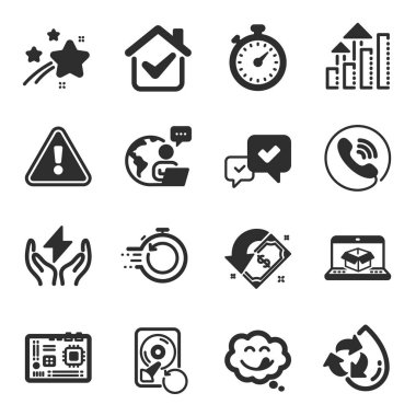 Çevrimiçi dağıtım, çağrı merkezi, hızlı kurtarma sembolleri gibi bir dizi teknoloji ikonu. Lezzetli bir gülümseme, Nakit para, geri dönüşümlü su işaretleri. Anakart, Onay, İyileşme Huysuzluğu. Zamanlayıcı, güvenli enerji. Vektör