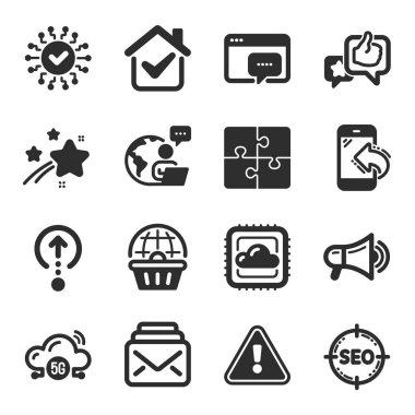 Bir dizi teknoloji ikonu, mesela Megafon, Gelen Çağrı Sembolleri. Seo mesaj, Seo, posta işaretleri. İnternetten alışveriş, bulmaca, bulut bilgisayarı. Güvenlik ağı, yukarı kaydır, 5G bulut. Vektör