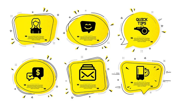 Mujer Correo Sonrisa Cara Iconos Conjunto Simple Burbujas Habla Amarilla — Vector de stock