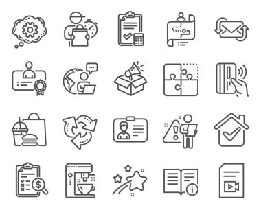 Teknoloji simgeleri ayarlandı. Muhasebe raporu olarak simge, teknik bilgi, megafon kutusu tabelaları. Postayı, Sertifikayı, Bulmaca sembollerini yenile. Temassız ödeme, geri dönüşüm, video dosyası. Çarklı. Vektör