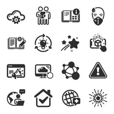 Araştırma, Hasta Adam, Mühendislik belgeleme sembolleri gibi bir takım bilim simgeleri. Dürüstlük, talimat bilgileri, Seo pazarlama tabelaları. Coronavirus, iyileşme bulutu, fikir. Dünya tıbbı. Vektör.