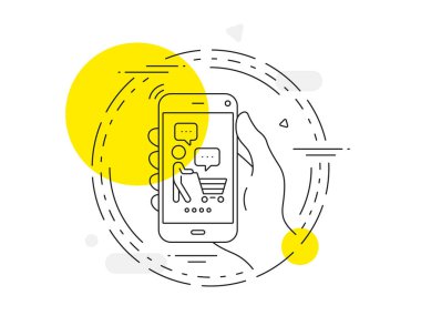Alışveriş arabası ikonu olan bir alıcı. Cep telefonu vektör düğmesi. Müşteri baloncuk tabelası. Süpermarket müşteri sembolü. Alıcı düşünce çizgisi simgesi. Soyut konsept rozet. Vektör