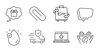 Kahve, valiz ve hediye rüya çizgisi ikonları. Tıbbi yardım, konuşma balonu ve E vitamini işaretleri. Ataç, taşıma sigortası sembolleri. Kavrulmuş fasulye, bagaj dolabı, hediye. Vektör
