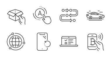 Metodoloji, karın kası testi ve kutu satırı simgeleri ayarlandı. Akıllı telefon kurtarma, araba ve Bitcoin ankesörlü tabelaları. Web konferansları, Globe sembolleri. Geliştirme süreci, bir test, teslimat paketi. Teknoloji hazır. Vektör