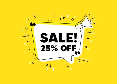 % 25 indirimli. Megafon sarı vektör pankartı. Promosyon fiyatı tabelası. Satış rozeti sembolü. Tırnak içinde düşünce balonu. Satılık sohbet, megafon mesajını düşün. Vektör
