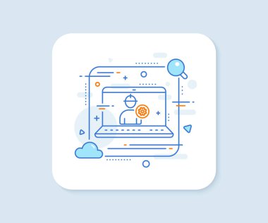İşçi çizgisi simgesi. Soyut vektör düğmesi. Çark işaretli bir mühendis profili. Erkek silueti sembolü. Mühendislik çizgisi simgesi. Laptop konsept rozeti. Vektör