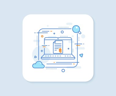 Özgeçmiş ekleme hattı simgesi. Soyut vektör düğmesi. Belge dosya sembolü. Bağlanma çizgisi simgesi. Laptop konsept rozeti. Vektör